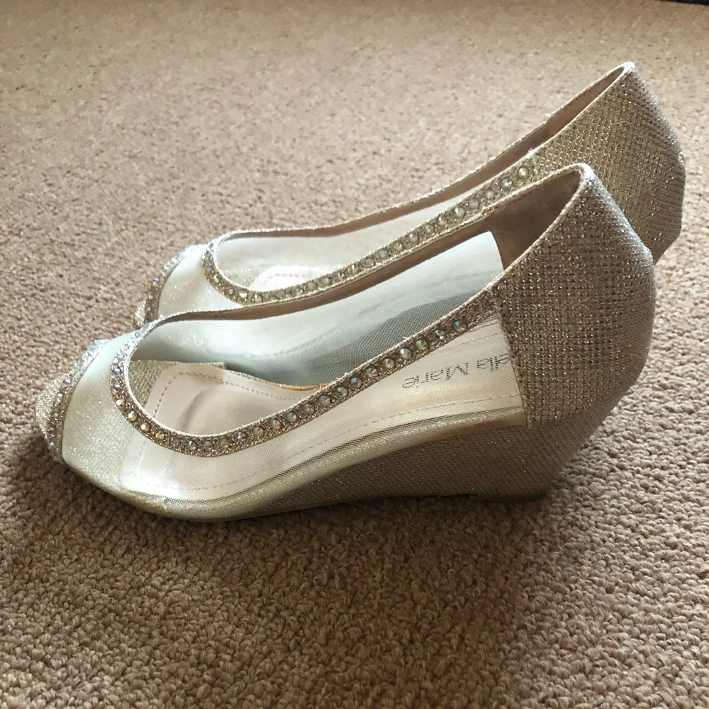 Bella Marie Cream and Gold Rhinestone Peep-Toe Wedges